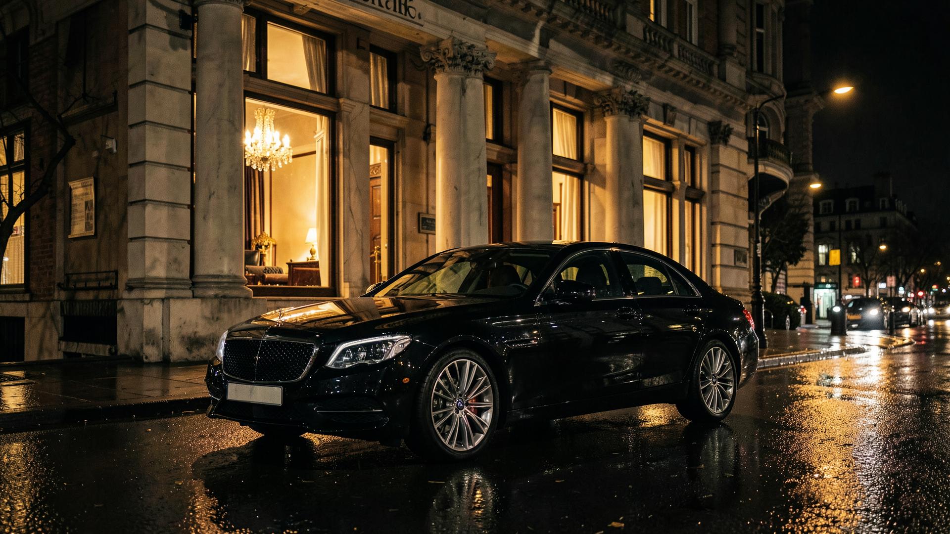 Black luxury car parked in front of an elegant London building at night