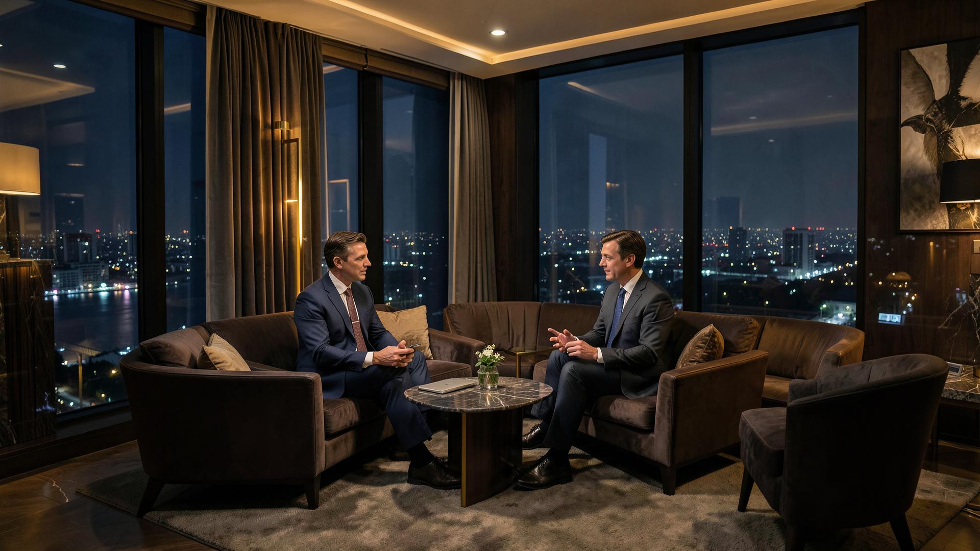 Two executives in conversation in a luxury private lounge at night