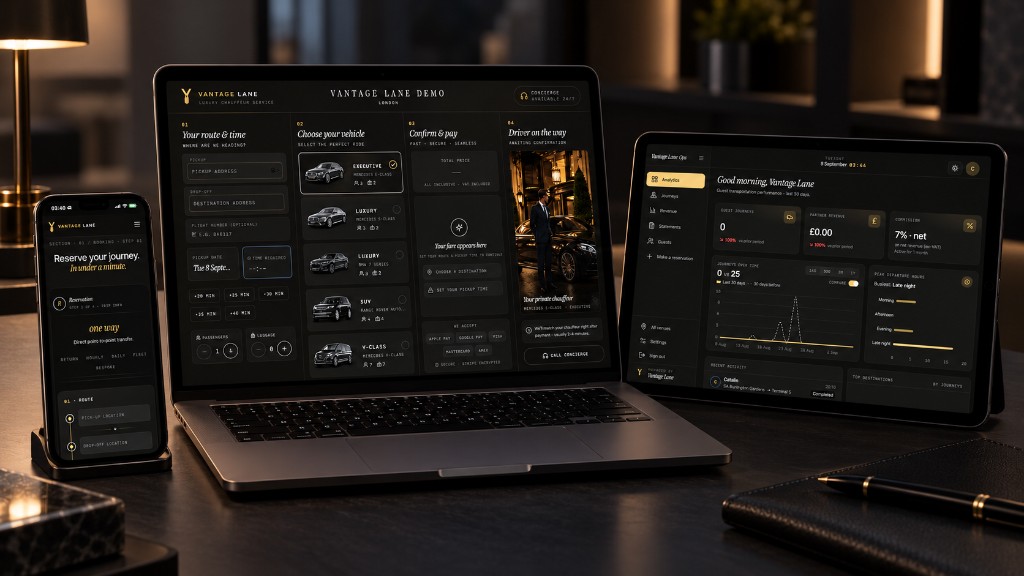 Vantage Lane booking platform on phone, laptop and tablet in a luxury office setting