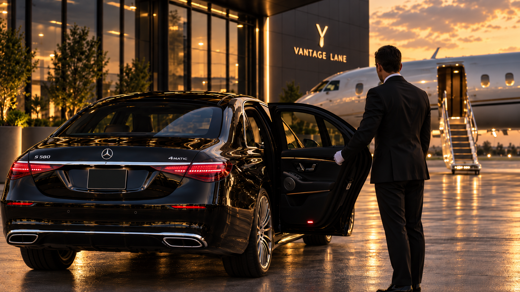 Chauffeur opening the rear door of a black Mercedes S-Class beside a private jet at sunset