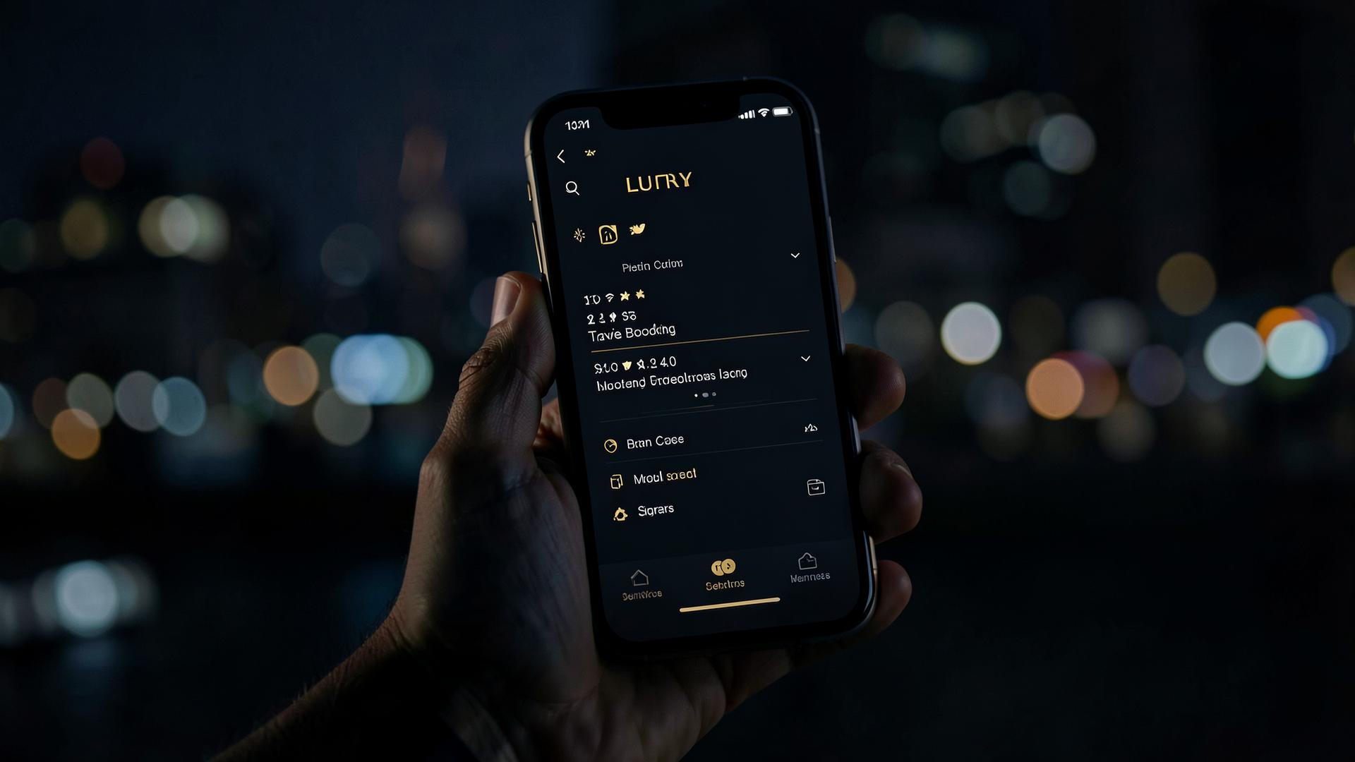 Hand holding a premium smartphone showing a luxury travel booking interface