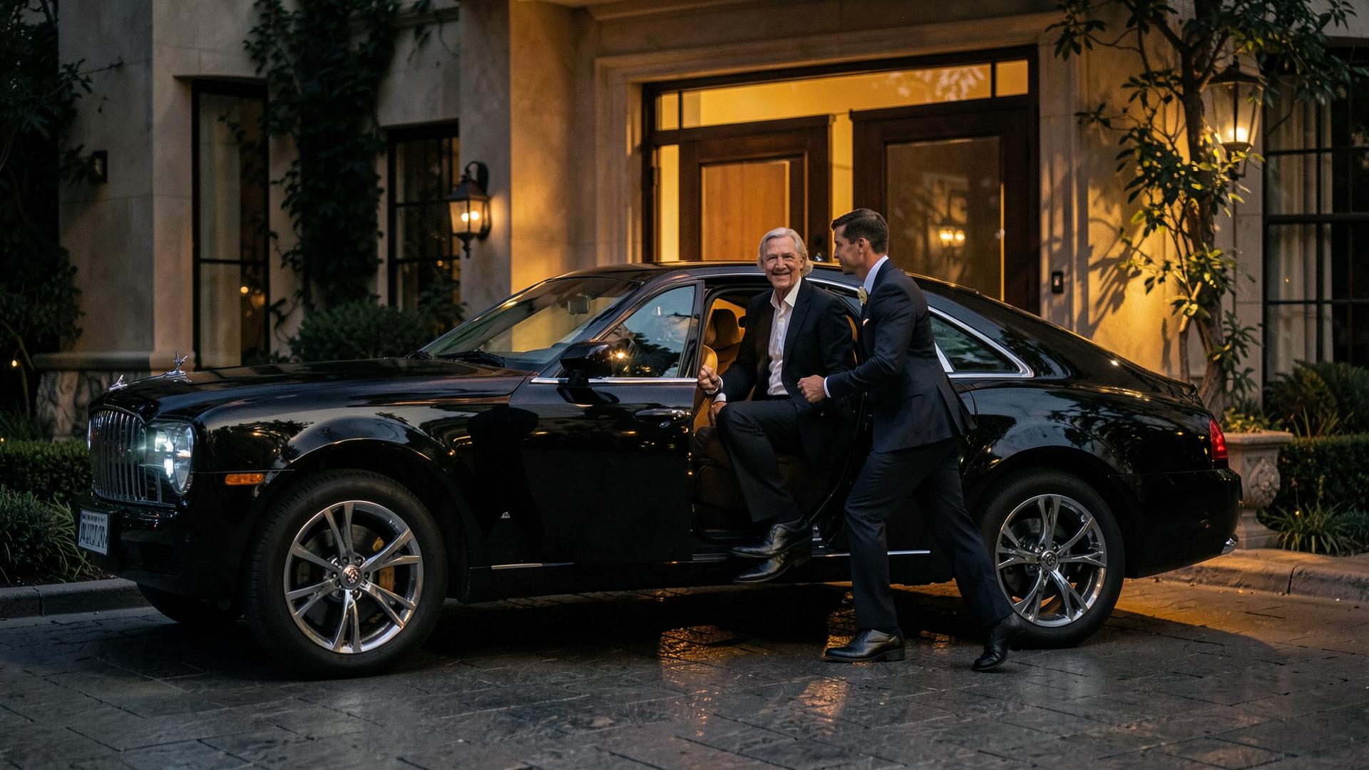 Chauffeur assisting a distinguished guest into a black luxury car